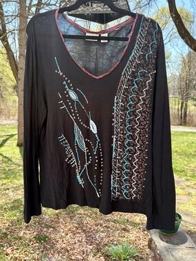 Chico's multicolored Beaded Top Womens Black Long Sleeve Size 2. So beautiful.